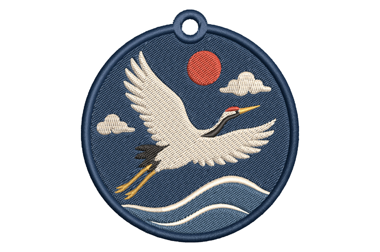 Flying Crane Keychain Embroidery Design – Elegant Crane Bird Machine Embroidery Pattern, Flying Crane Key Fob & Bag Charm Embroidery Design
