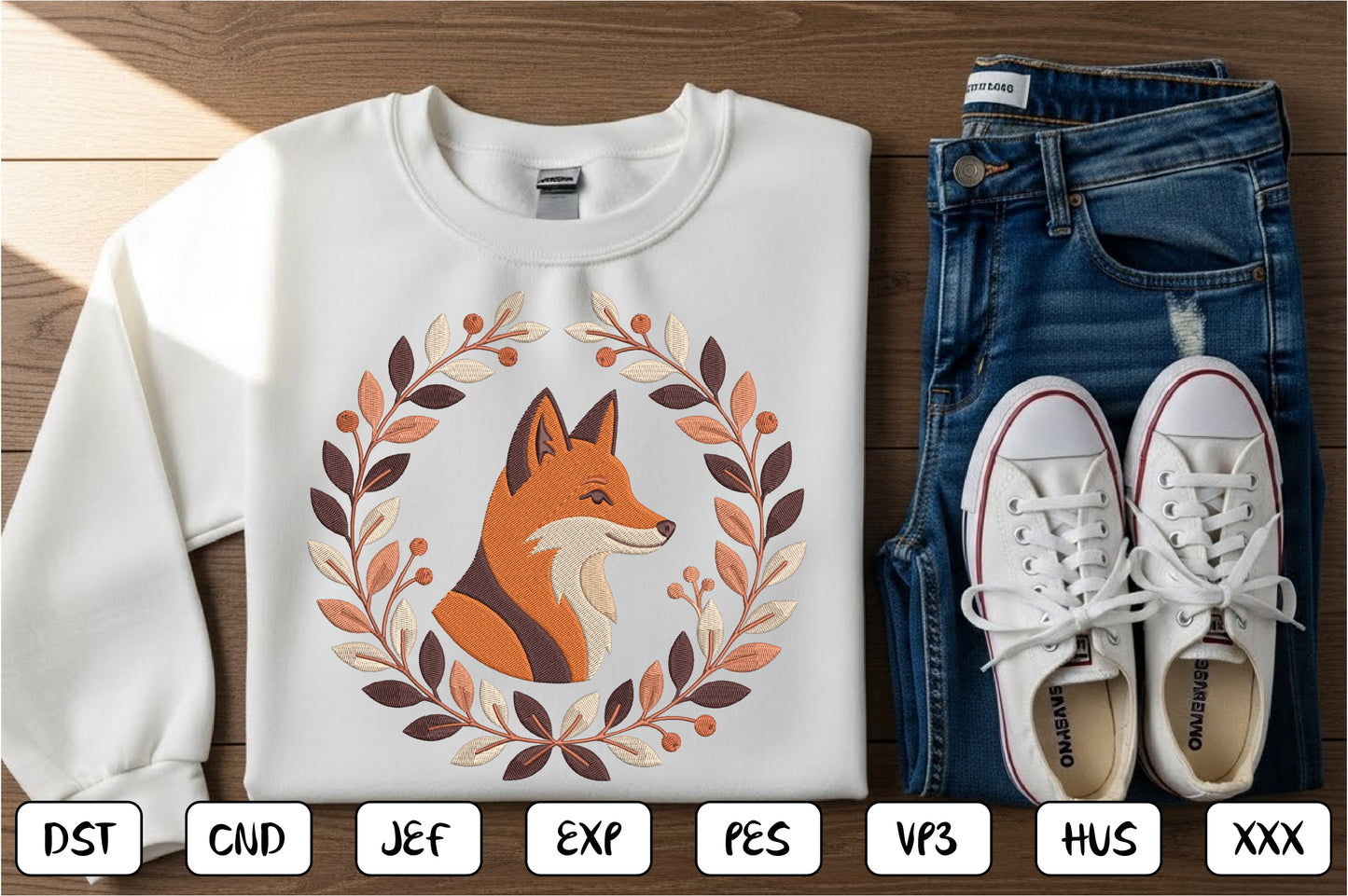 Fox Floral Embroidery Design – Beautiful Fox & Botanical Flower Machine Embroidery Pattern, Woodland Animal Floral Embroidery Design