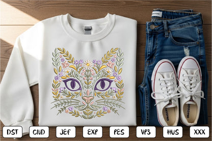 Floral Cat Face Embroidery Design – Cute Cat Face & Flower Machine Embroidery Pattern, Botanical Kitty Embroidery Design