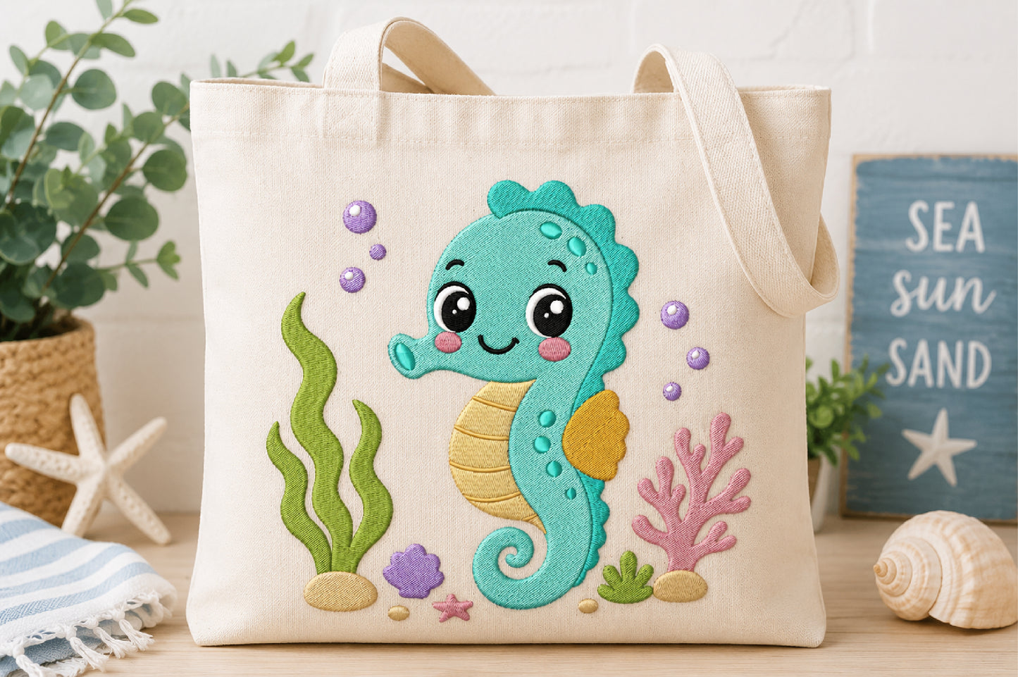 Cute Seahorse Embroidery Design – Adorable Ocean Seahorse Machine Embroidery Pattern, Sea Life Embroidery Design