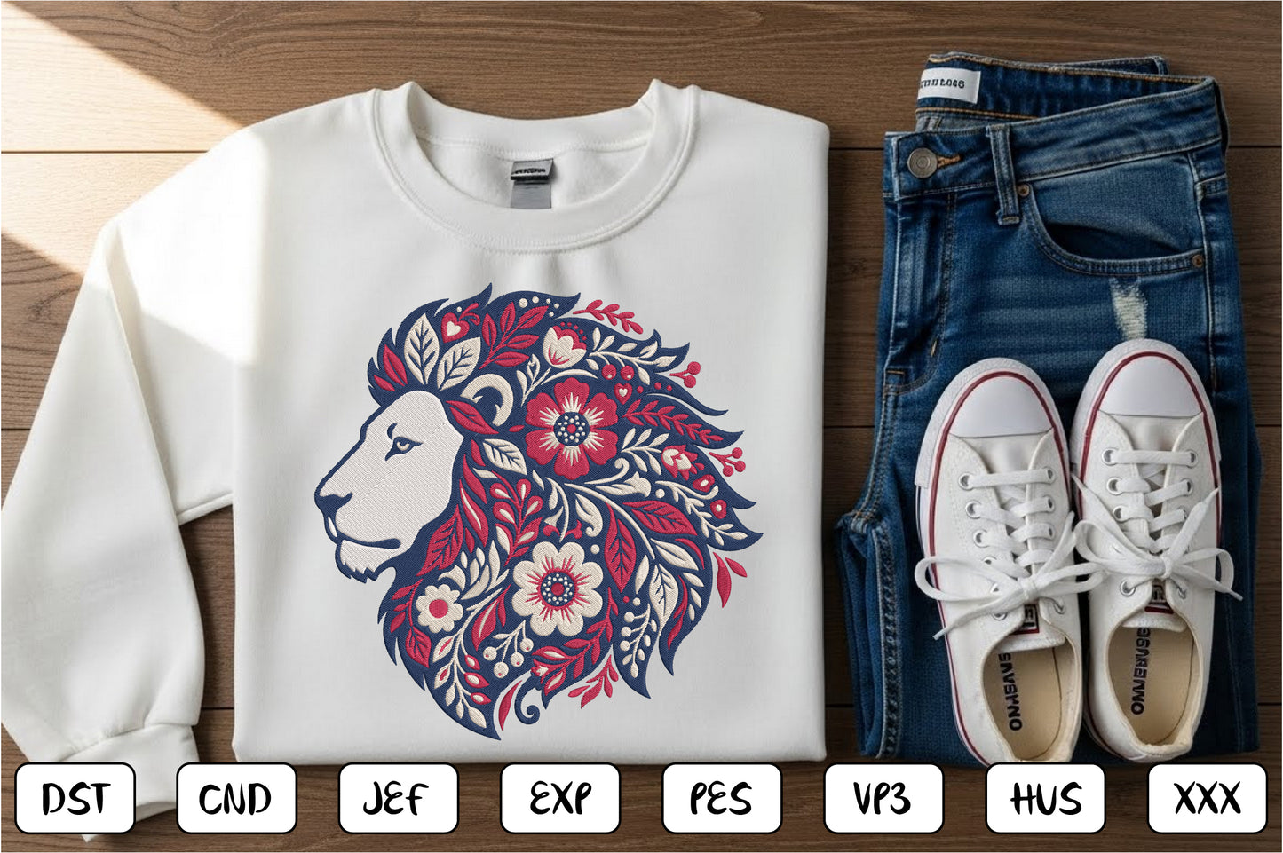 Floral Lion Embroidery Design – Majestic Lion & Botanical Flower Machine Embroidery Pattern, Wild Animal Floral Embroidery Design