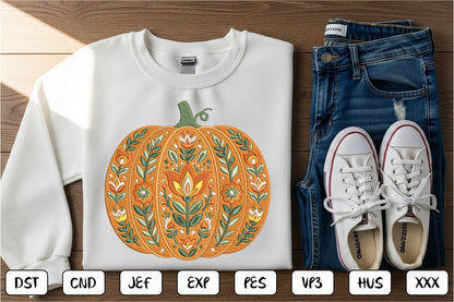 Floral Pumpkin Embroidery Design – Elegant Pumpkin & Botanical Flower Machine Embroidery Pattern, Autumn Fall Floral Embroidery Design