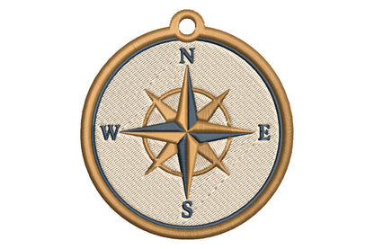 Compass Keychain Embroidery Design – Nautical Compass Machine Embroidery Pattern, Compass Key Fob & Bag Charm Embroidery Design