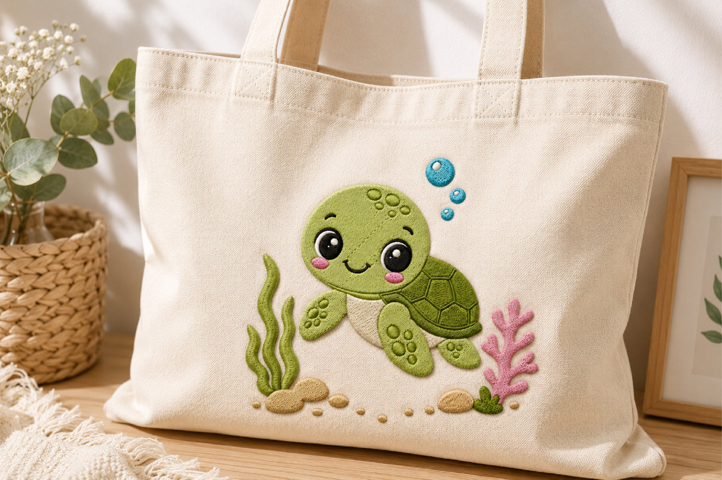 Cute Turtle Embroidery Design – Adorable Turtle Machine Embroidery Pattern, Sweet Sea Turtle & Ocean Animal Embroidery Design