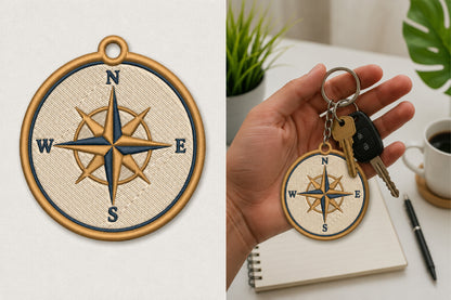Compass Keychain Embroidery Design – Nautical Compass Machine Embroidery Pattern, Compass Key Fob & Bag Charm Embroidery Design