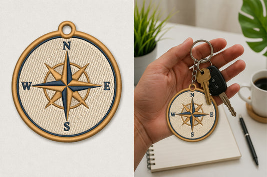 Compass Keychain Embroidery Design – Nautical Compass Machine Embroidery Pattern, Compass Key Fob & Bag Charm Embroidery Design