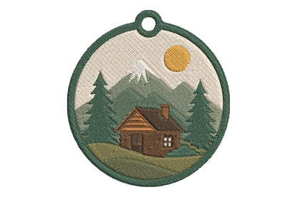 Mountain Cabin Keychain Embroidery Design – Rustic Cabin & Mountain Machine Embroidery Pattern, Outdoor Adventure Key Fob & Bag Charm Design