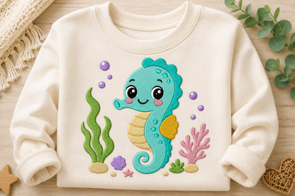 Cute Seahorse Embroidery Design – Adorable Ocean Seahorse Machine Embroidery Pattern, Sea Life Embroidery Design