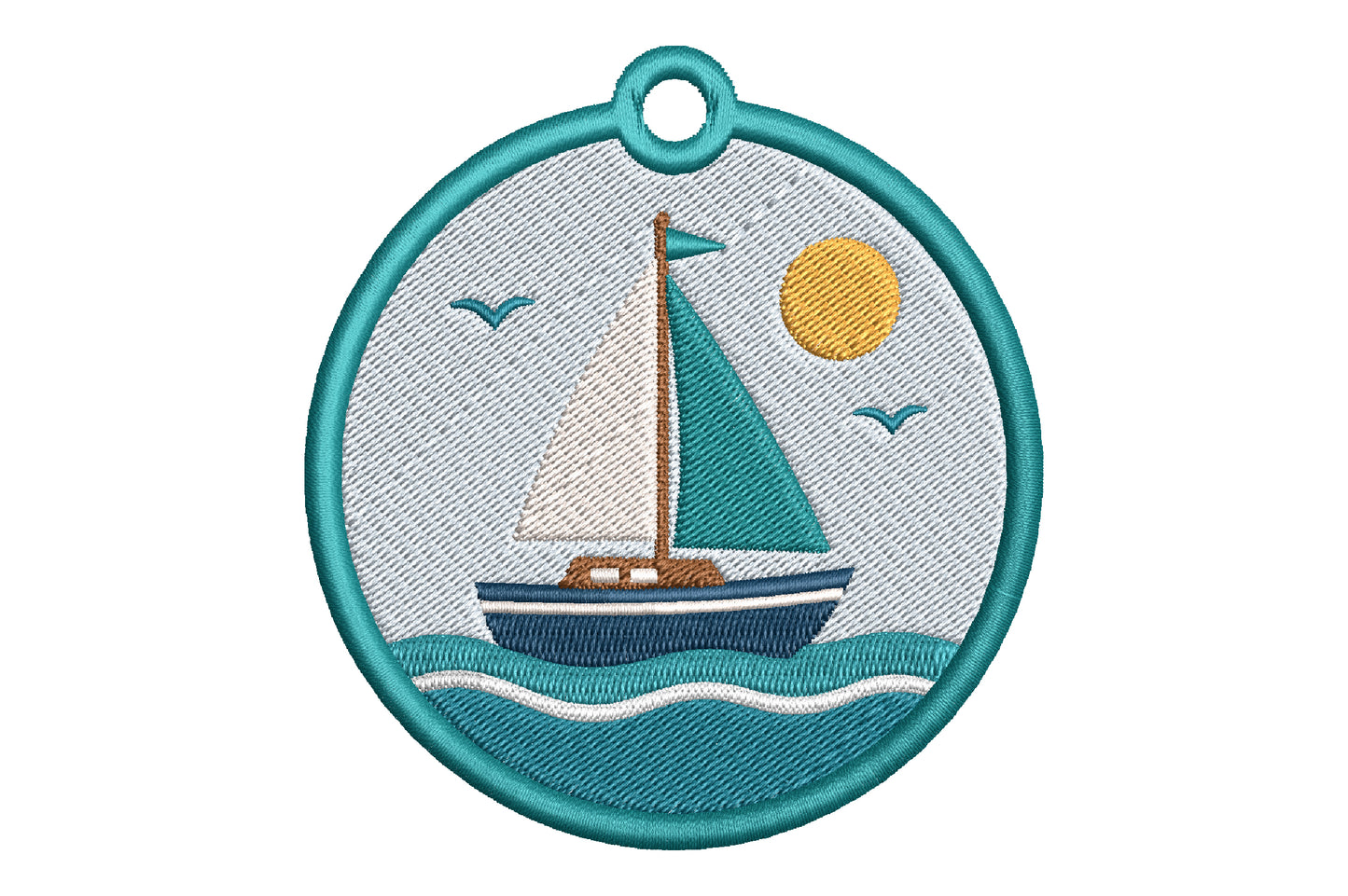 Sailing Boat Keychain Embroidery Design – Nautical Sailboat Machine Embroidery Pattern, Sailing Boat Key Fob & Bag Charm Embroidery Design
