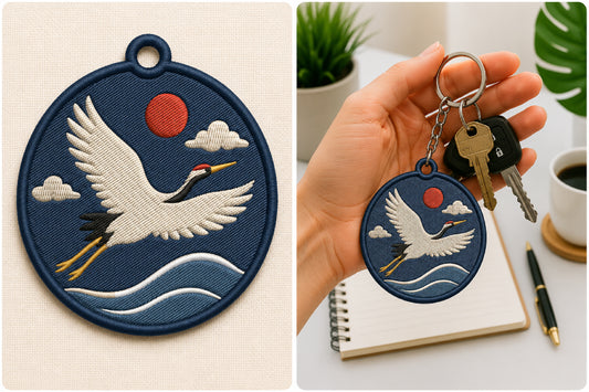 Flying Crane Keychain Embroidery Design – Elegant Crane Bird Machine Embroidery Pattern, Flying Crane Key Fob & Bag Charm Embroidery Design