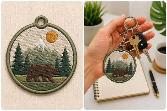 Woodland Bear Keychain Embroidery Design – Cute Forest Bear Machine Embroidery Pattern, Bear Key Fob & Bag Charm Embroidery Design