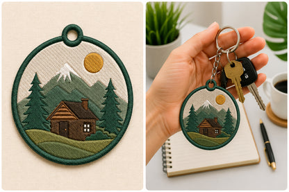 Mountain Cabin Keychain Embroidery Design – Rustic Cabin & Mountain Machine Embroidery Pattern, Outdoor Adventure Key Fob & Bag Charm Design