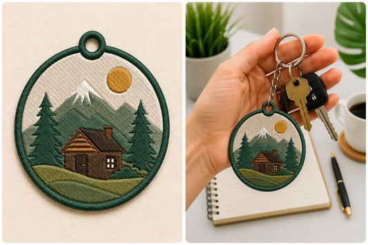 Mountain Cabin Keychain Embroidery Design – Rustic Cabin & Mountain Machine Embroidery Pattern, Outdoor Adventure Key Fob & Bag Charm Design