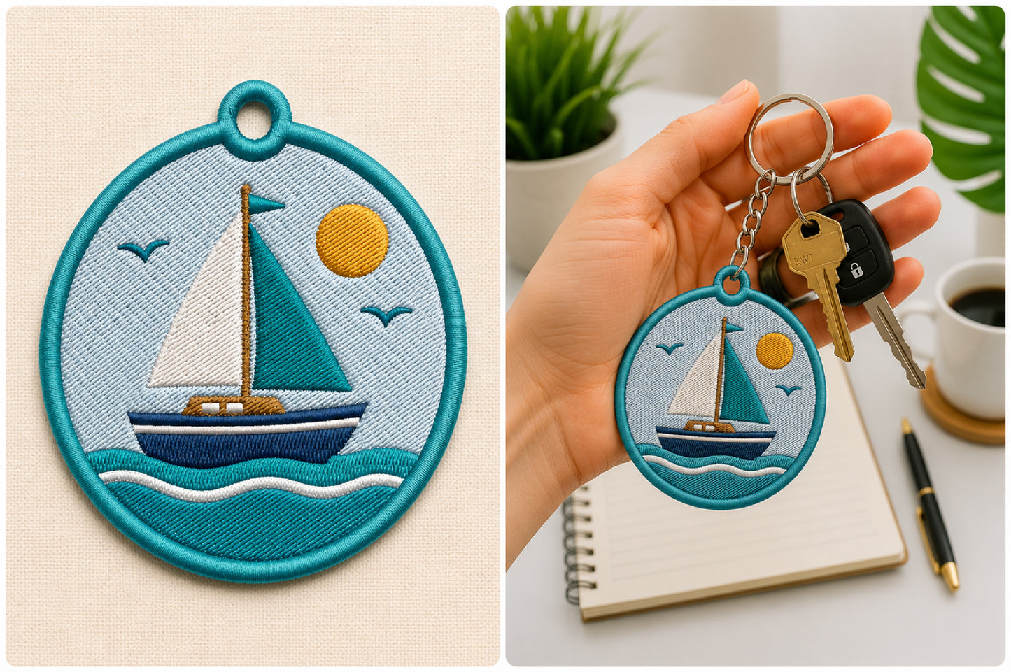 Sailing Boat Keychain Embroidery Design – Nautical Sailboat Machine Embroidery Pattern, Sailing Boat Key Fob & Bag Charm Embroidery Design