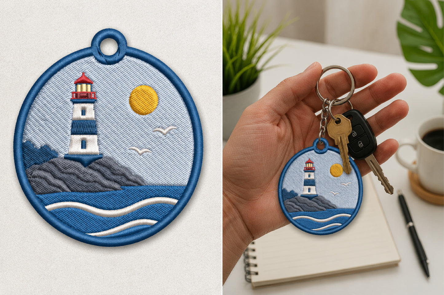 Lighthouse Keychain Embroidery Design – Nautical Lighthouse Machine Embroidery Pattern, Coastal Lighthouse Key Fob & Bag Charm Embroidery Design