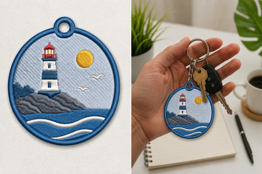 Lighthouse Keychain Embroidery Design – Nautical Lighthouse Machine Embroidery Pattern, Coastal Lighthouse Key Fob & Bag Charm Embroidery Design