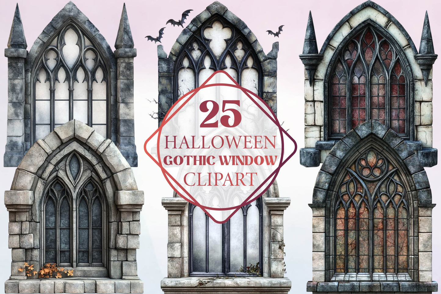 25 Halloween Gothic Window Clipart Bundle