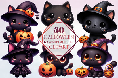 30 Halloween Kawaii Black Cat Clipart Bundle PNG, Cute Witch Cat Jack O Lantern Sublimation Designs