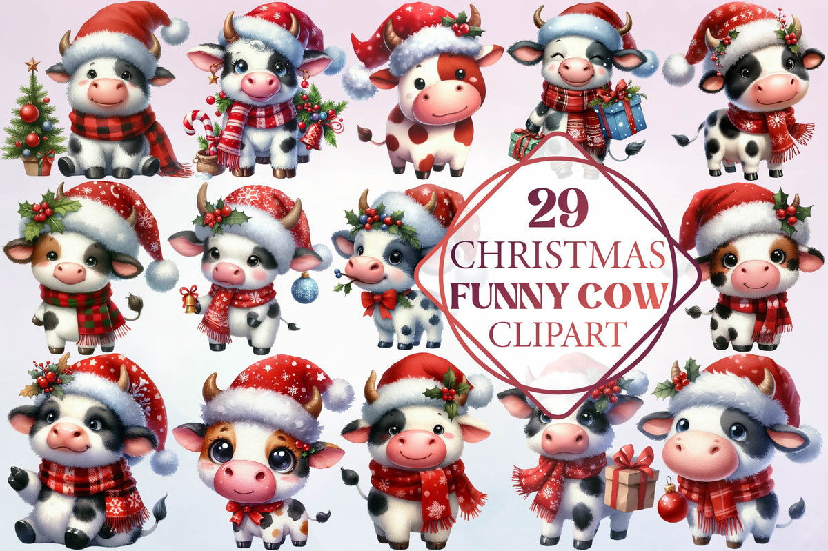 29 Christmas Funny Cow Clipart Bundle
