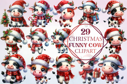 29 Christmas Funny Cow Clipart Bundle