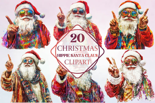 20 Christmas Hippie Santa Claus Clipart Bundle