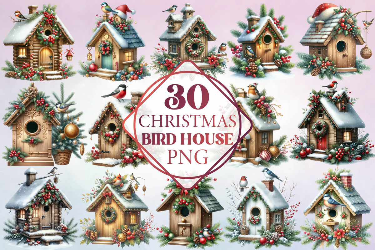 Christmas Bird House Watercolor Clipart PNG Bundle