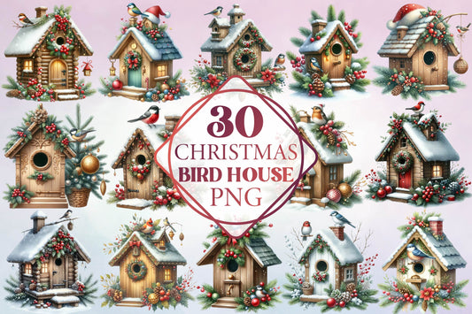 Christmas Bird House Watercolor Clipart PNG Bundle