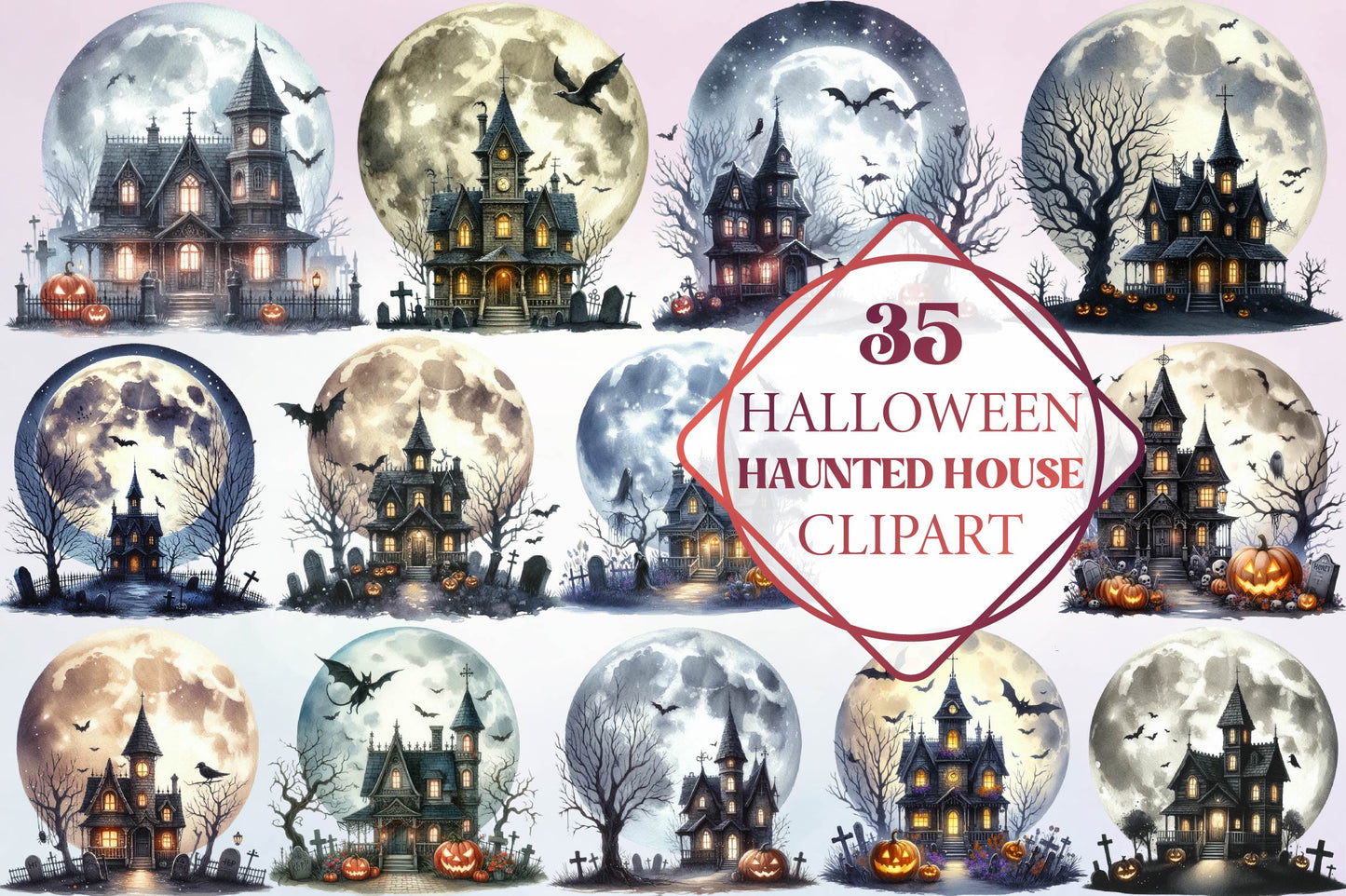 35 Halloween Haunted House Clipart PNG Bundle