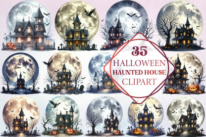 35 Halloween Haunted House Clipart PNG Bundle