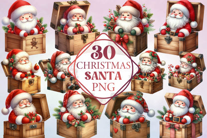 Christmas Santa in Wooden Box Watercolor Clipart PNG Bundle