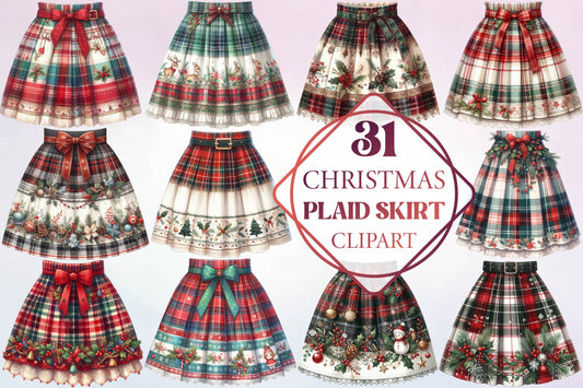 31 Christmas Plaid Skirt Clipart Bundle