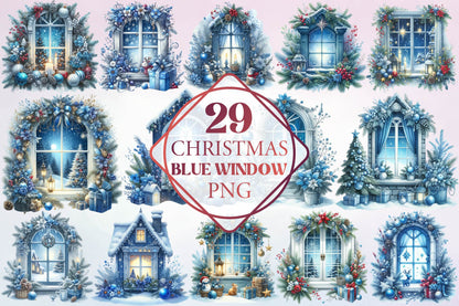 Christmas Blue Window PNG Clipart Bundle