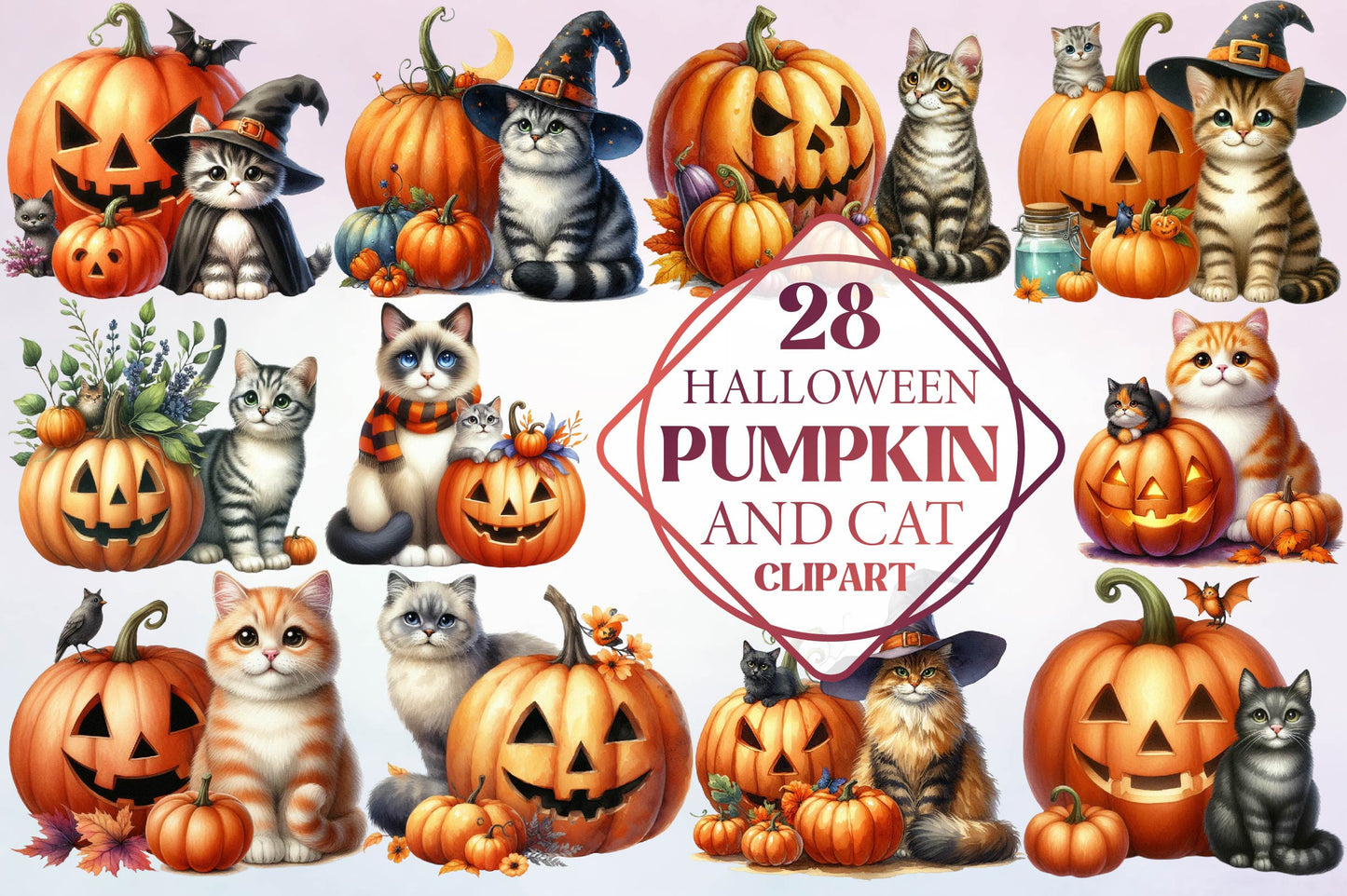 28 Halloween Pumpkin Cat Clipart PNG Bundle