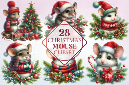 28 Christmas Mouse Clipart Bundle PNG, Cute Holiday Mouse Christmas Sublimation