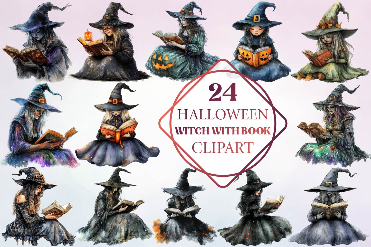 24 Halloween Witch With Book Clipart PNG Bundle