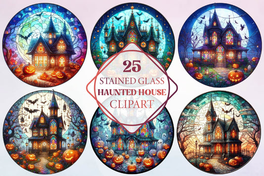 25 Stained Glass Haunted House Halloween Clipart Bundle PNG, Gothic Haunted Mansion Sublimation Designs