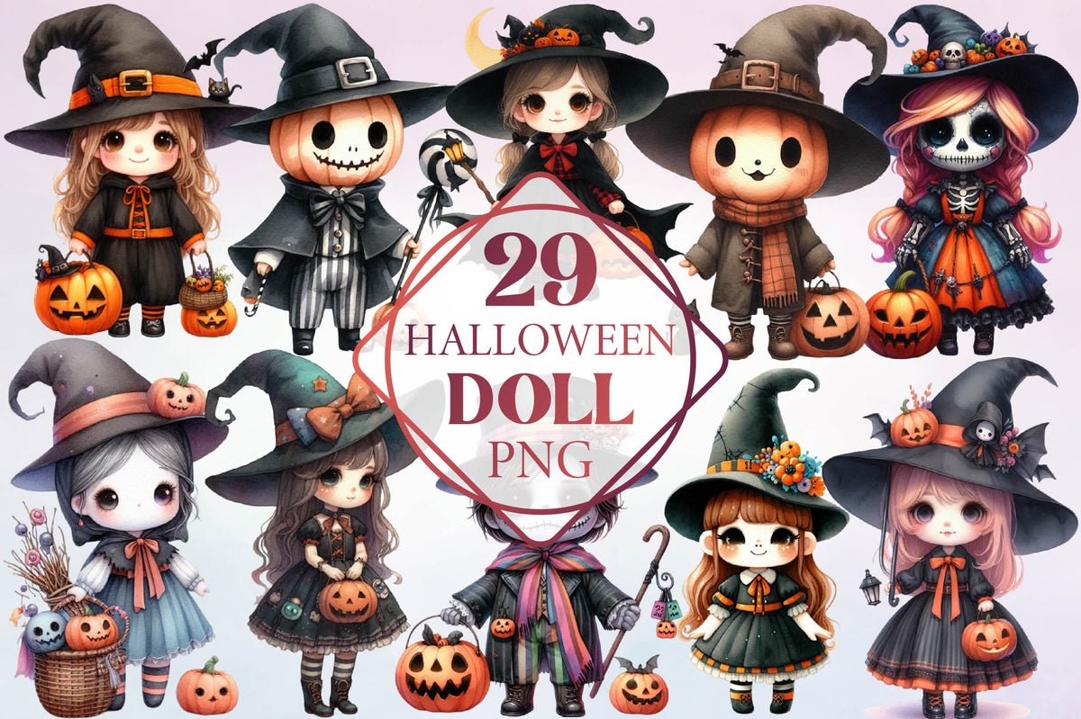 Halloween Witch Doll Watercolor Clipart PNG Bundle