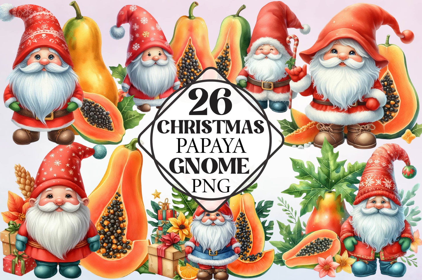 Christmas Papaya Gnome Watercolor Clipart PNG Bundle