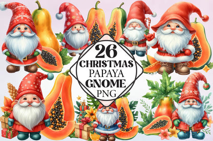 Christmas Papaya Gnome Watercolor Clipart PNG Bundle