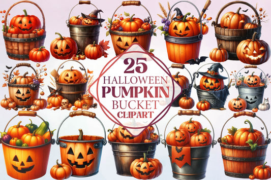 25 Halloween Pumpkin Bucket Clipart PNG Bundle
