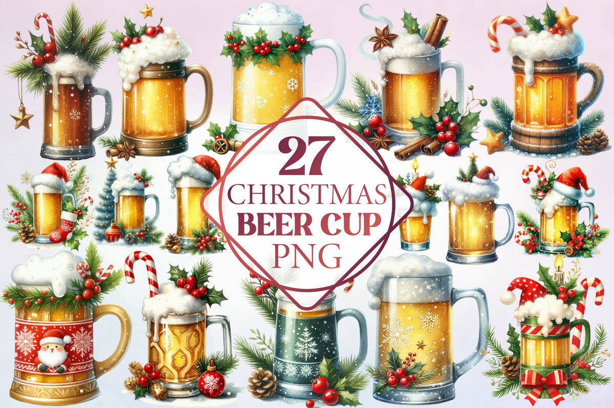 Christmas Beer Cup PNG Bundle 27 Festive Beer Mug Designs