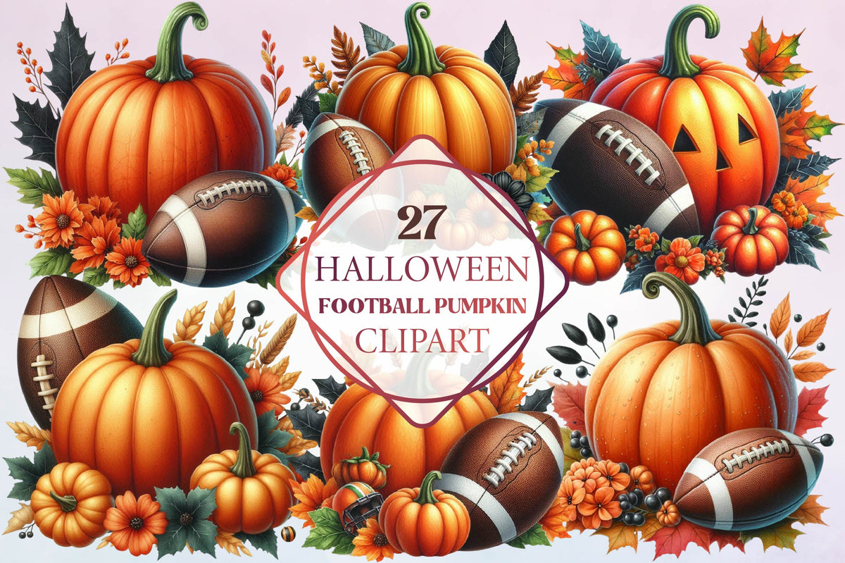 27 Halloween Football Pumpkin Clipart Bundle PNG, Fall Football Pumpkin Sublimation Designs
