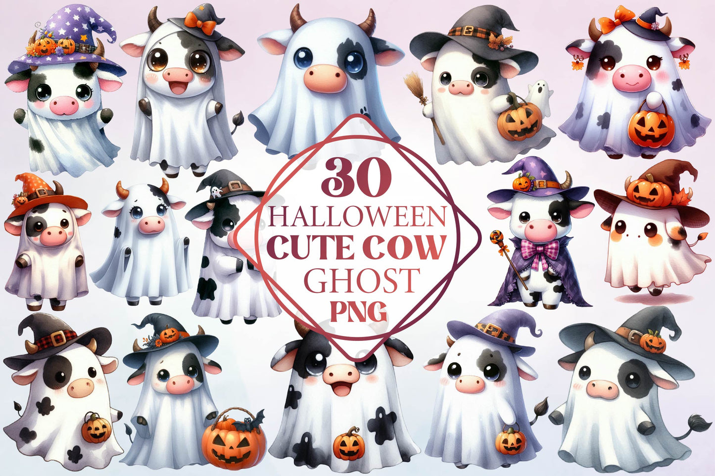 Halloween Cute Cow Ghost Watercolor Clipart PNG Bundle
