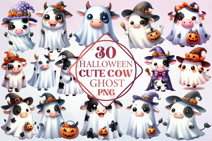 Halloween Cute Cow Ghost Watercolor Clipart PNG Bundle
