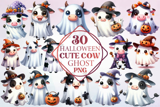 Halloween Cute Cow Ghost Watercolor Clipart PNG Bundle