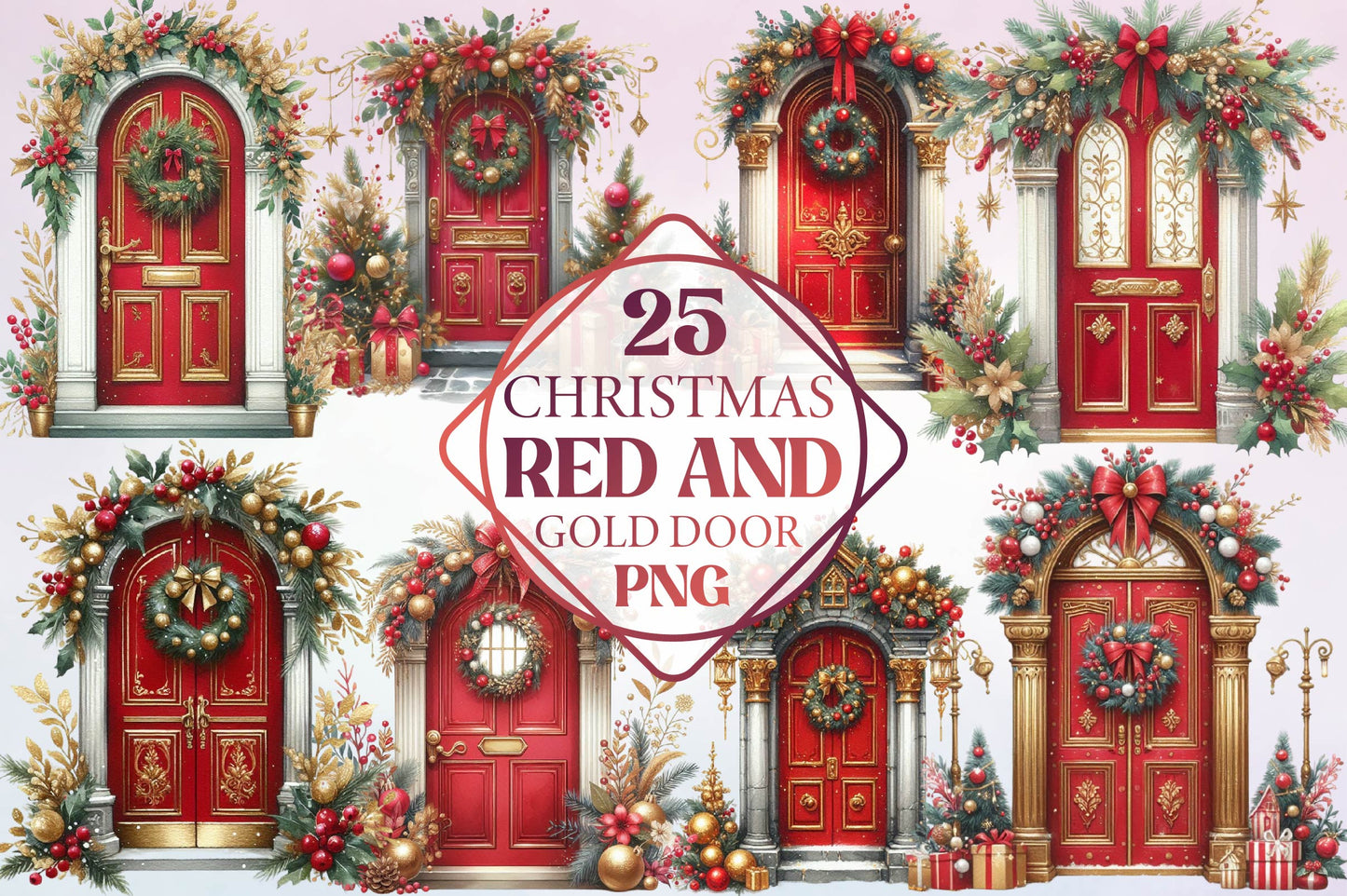 25 Christmas Red And Gold Door Clipart Bundle