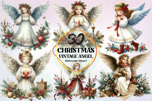 Christmas Vintage Angel Watercolor Clipart PNG Bundle