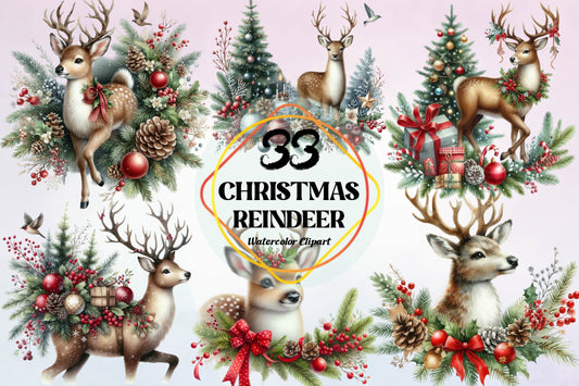 33 Christmas Reindeer Watercolor Clipart Bundle