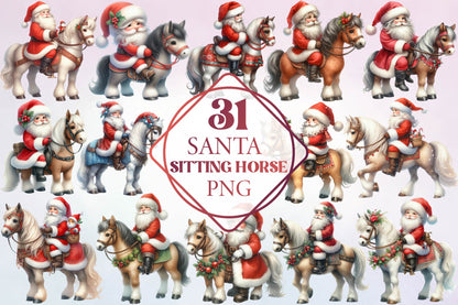 Christmas Santa Riding Horse Watercolor PNG Bundle