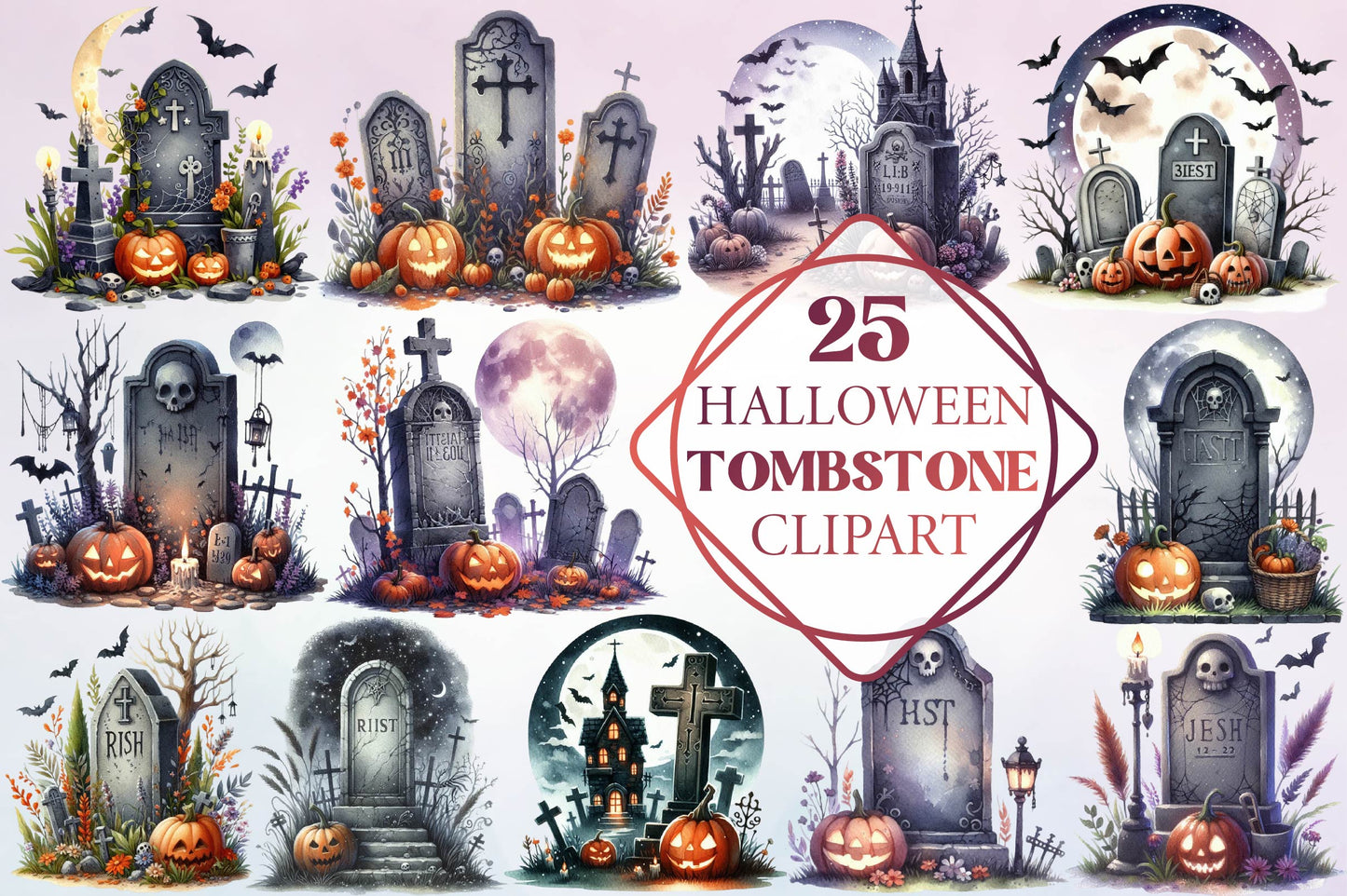 25 Halloween Tombstone Clipart PNG Bundle
